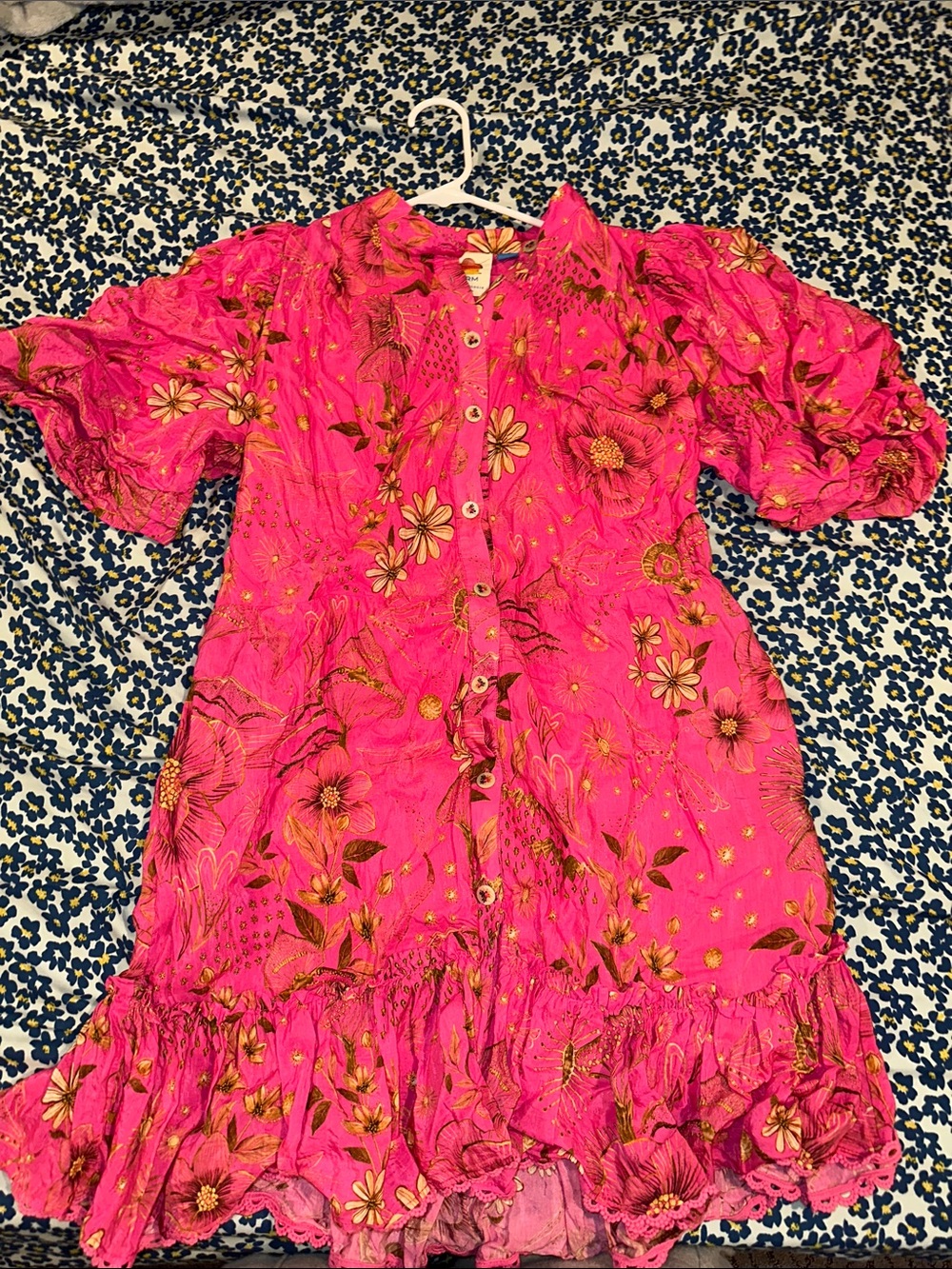 Anthropologie Vibrant Pink Floral Button-Front Ruffle Dress